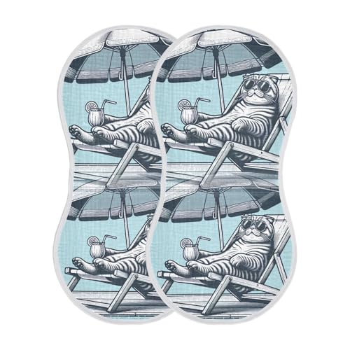 Muslin Burp Cloth for Baby 4PCS Cat Laying on Beach Chair Super Absorbent Burping Cloths, Bibs for Newborn Boys Girls2