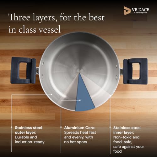 Image of VB DACE Triply Stainless Steel Biryani Pot 24 cm (4.8 L) | Heavy Gauge Handi with Glass & Steel Dual Lids | Induction & Gas Compatible | Even Heat Distribution | Ideal for Biryani, Rice, Curry & Stew