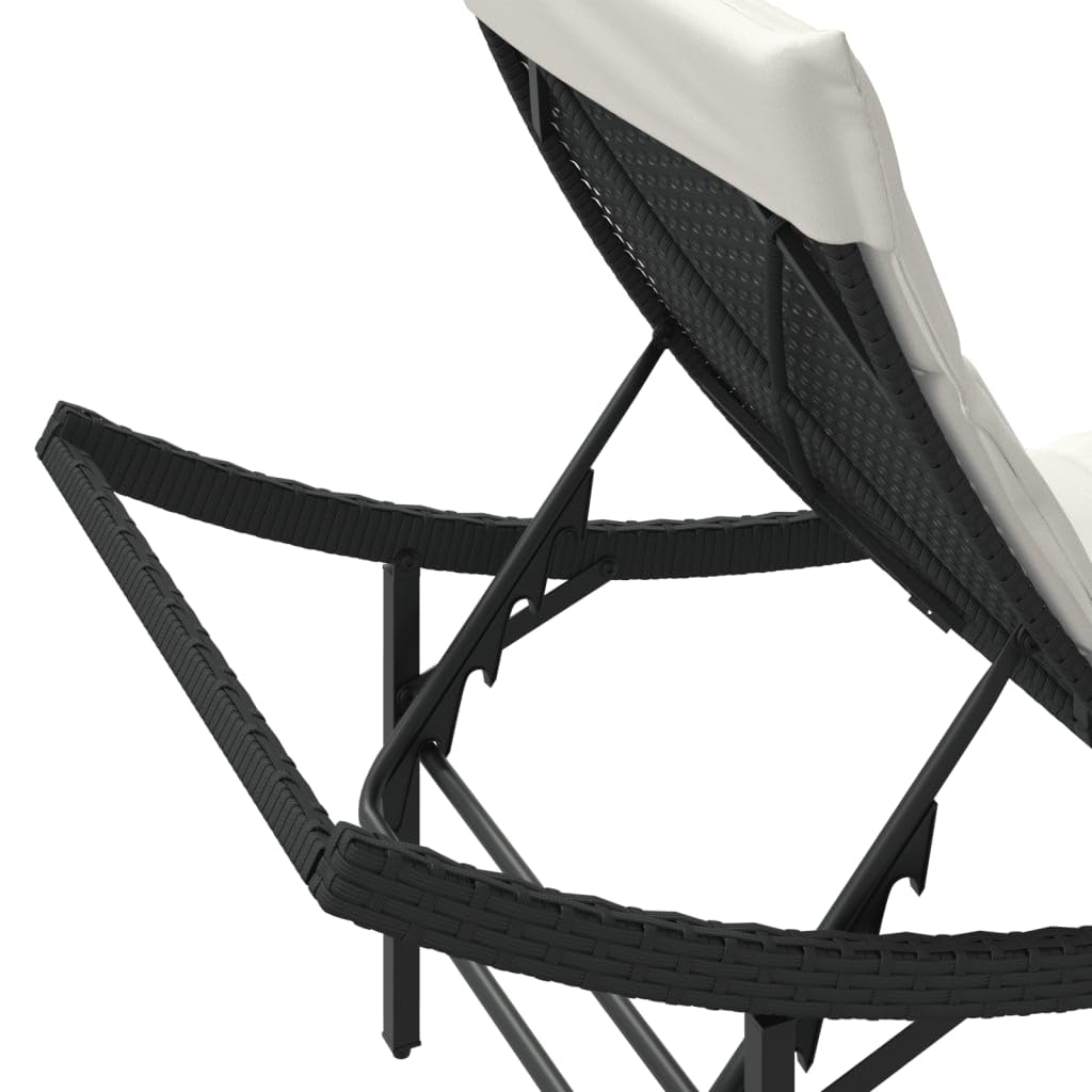 Leżak z poduszką, czarny, 55 x 199 x 50 cm, polirattan, regulowany, wyściełany, odporny na warunki atmosferyczne, do ogrodu, na taras, balkon, z ergonomicznym oparciem i poduszką