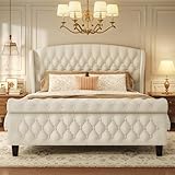 HISOFT Queen Bed Frame, 39" Tall Velvet Upholstered Sleigh Bed with Wingback Headboard & Scroll Footboard, No Box Spring Needed, Sturdy Support, Easy Assembly, Noise Free, Button Tufted, White