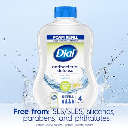 Image of Dial Antibacterial Defense Foaming Hand Soap + Aloe, Soothing White Tea, 30 Fl Oz Hand Soap Refill (Pack of 4), Dermatologist-Tested, Gentle on Skin