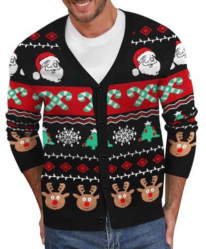 NITAGUT Mens Christmas Ugly Cardigan Sweater Reindeer Snowflake Xmas Sweater Casual Long Sleeve Knitwear