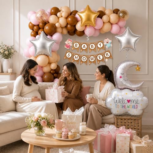 Image of Rozi Decoration Baby Shower Decoration Kit 58 Pieces with Balloon, Banner, Moon & Star Foil, Glue Dots, Pink Brown Beige Latex Balloons for Baby Shower Welcome Princess Party Decoration