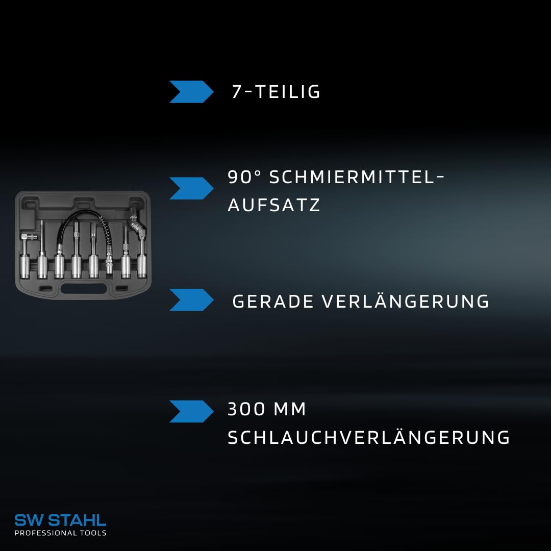 SW STAHL Kit d'Accessoires pour Pompe à Graisse, 7 Pièces, 64315L | Comprend un adaptateur à 360°, un embout d'aiguille, un raccord à 90°, une rallonge de tuyau de 300 mm et un embout en