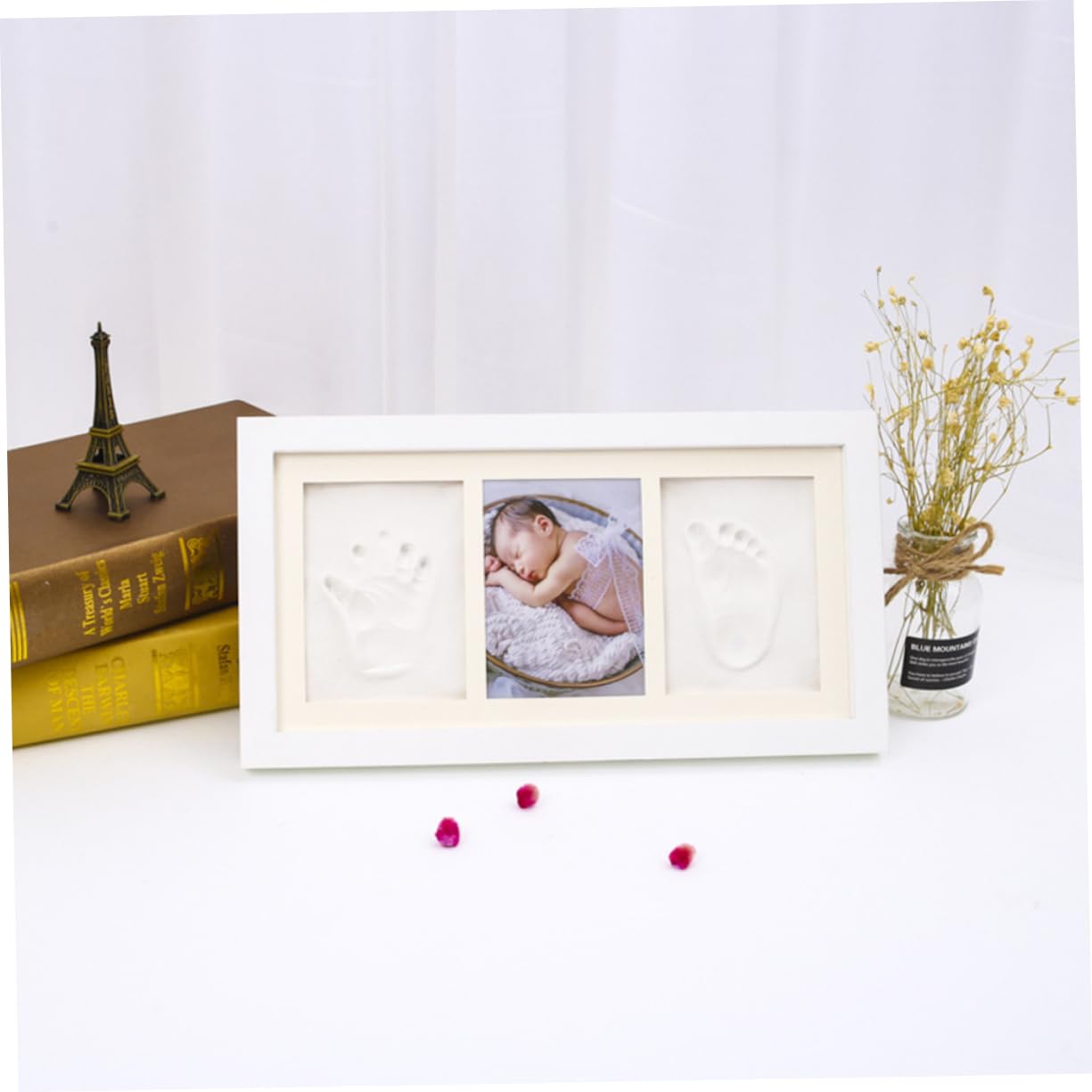 BESTonZON Cornice Nascita per Impronte Mani e Piedi, in Legno Bianco, Tampone Bianco, per Ricordo Bebè e Decorazione Camera da Riposo