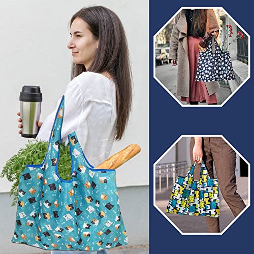 6-Pack-Reusable-Grocery-Shopping-Tote-Foldable-Bags-with-Pouch-Large-Capacity-Durable-Washable-Heavy-Duty-Lightweight-Geometry-Animal-Floral-Design-also-for-Travel-Gift-Animal-Style
