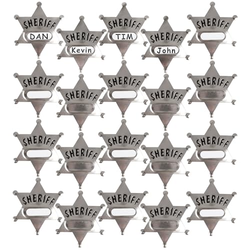 Bedwina Metal Sheriff Badges - (Pack of 24) Silver Star Name Badges with Stickers for Personalized Names Western Cowboy Dress Up Deputys Badge Toys for Kids Birthday Party Favors Giveaways & More