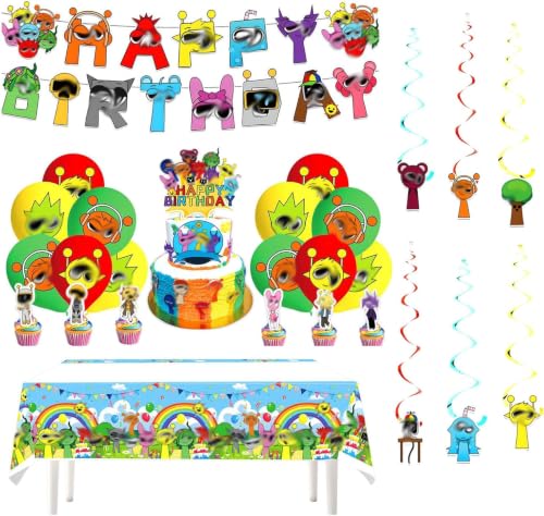 Cartoon Birthday Party Decorations | Includes Happy Birthday Banner TableCloth Cake Cupcake Toppers Latex Baloons Hanging Swirls | Cartoon Party Supplies for Adults and Kids