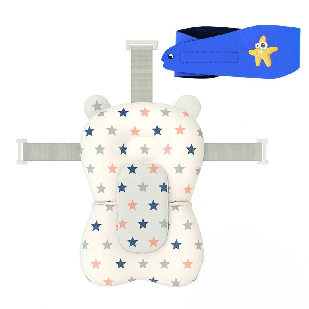 BATHBY | Cojín para Bañera de Bebé – Asiento Ergonómico Ajustable y Portátil con Malla Antideslizante, Almohada Reductora, Hamaca de Ducha con Diseño de Estrellas (Diadema para los Oídos)