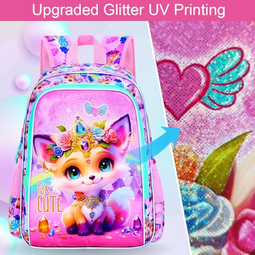 Image of 16 inch Backpack for Girls, 3Pcs Fox Kids Bookbag with Lunch Box,School Backpacks for Elementary Preschool Kindergarten (Pink)