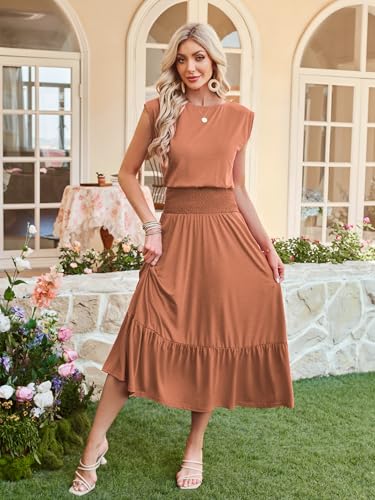 Kikibell Womens Summer Midi Dresses Cap Sleeve Smocked Waist Sundress Long Causal Flowy Beach Vacation Outfits Caramel XL — view 3