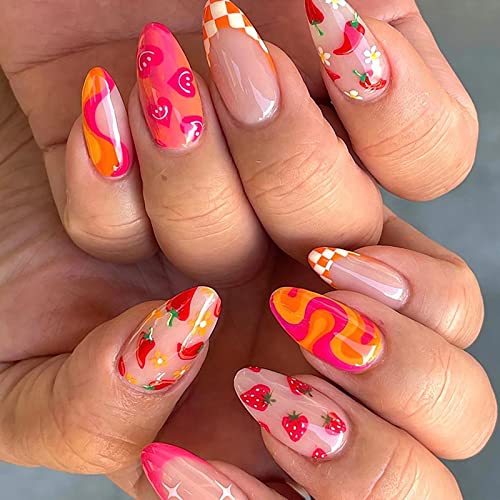 Ezpieces French Tip Press on Nails Short with Design, Medium Almond Fake Nails with Glue, Acrylic Glue on Nails for Women/Daily/Holiday, 24PCS/Set(Happy Medium)
