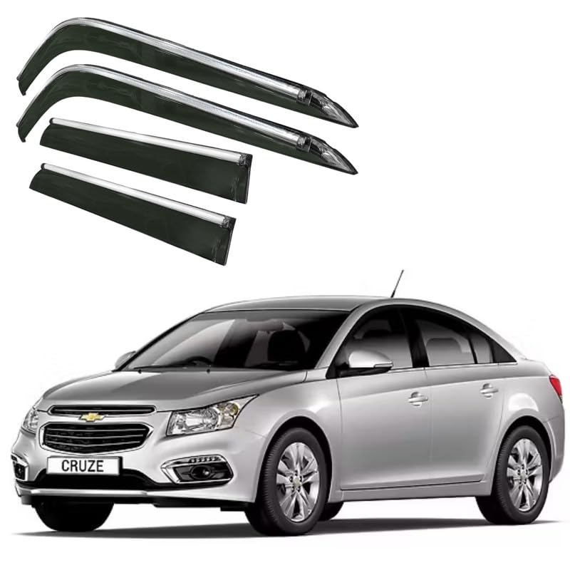 Image of CAR SAAZ Side Door Visors for Cruze (2009-2017) (Set of 4Pcs)|Chrome Lined Rain Guards, Polycarbonate, Smoke Finish