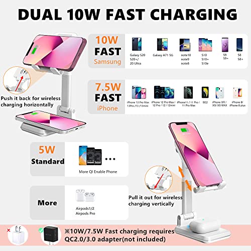 Dual 10W Wireless Charger, [Angle&Height Adjustable] Wireless Charging Desk Phone Holder Charger Stand, 2 in 1 Qi Fast Charging Dock for iPhone 15/14/13/12/11/MAX/XS,AirPods,Samsung Galaxy S21/S20/S10