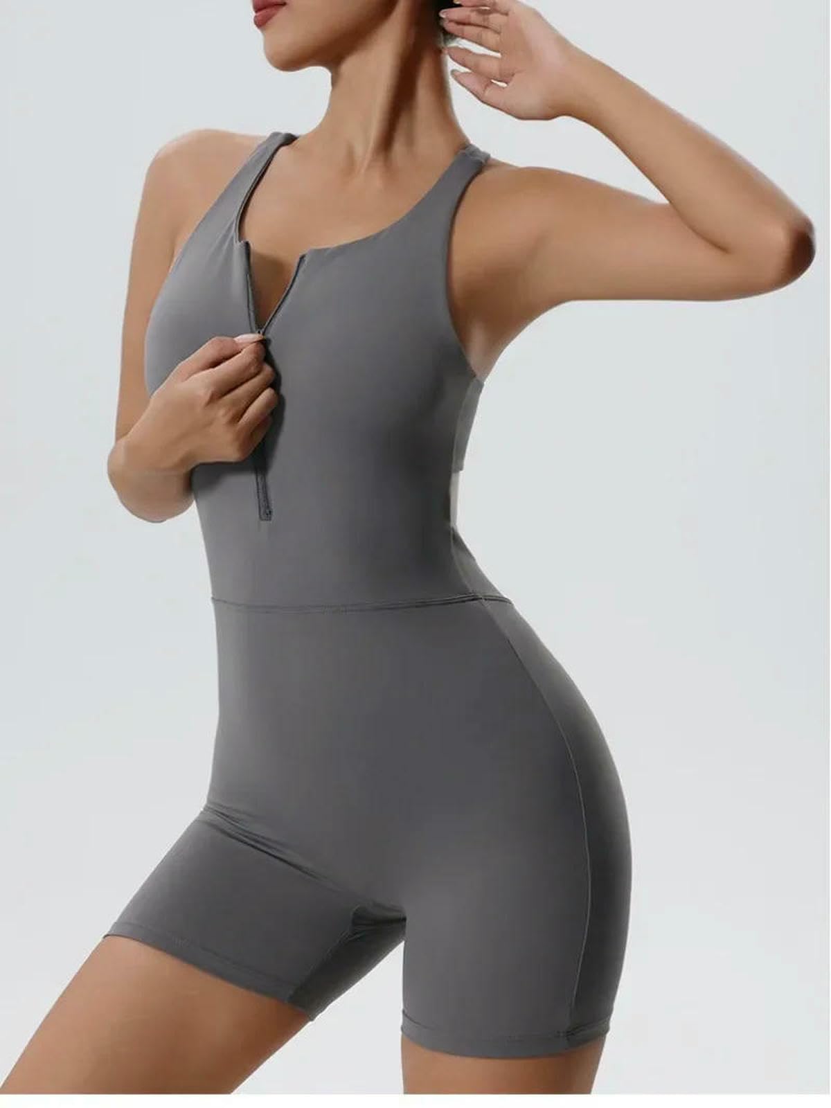 Shapewear Seamless Yoga Jumpsuits Sports Fitness Hip-lifting Sexy Tight Zipper Spodenki Jednoczęściowe Trening Siłownia Dla Kobiet-Light Blue-S