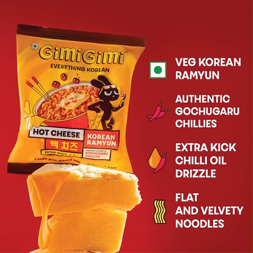 Image of GIMI GIMI - Hot Cheese, 135g | Veg Korean Ramyun | Authentic Gochugaru Chillies | Thick & Bouncy Noodles