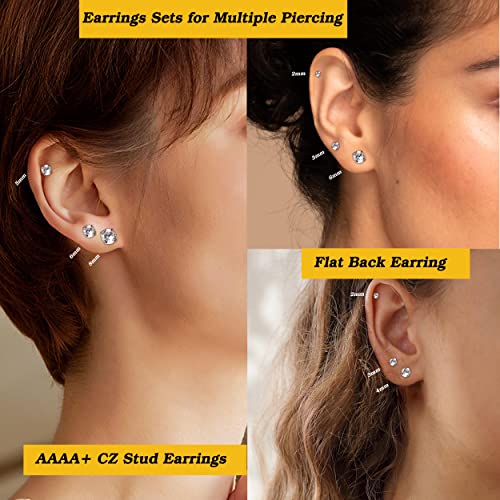 LOYALLOOK 6Pairs G23 Titanium Flat Back Stud Earrings for Women Men Titanium Round CZ AB Cartilage Earring Studs for Sensitive Ears Hypoallergenic Screw Back Ear Piercing Set 20G 2-8MM3