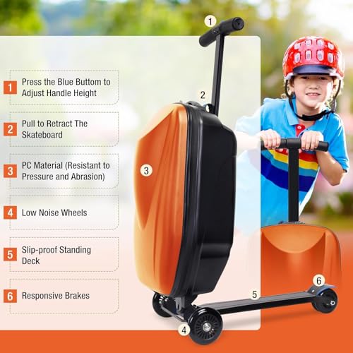 Scooter de equipaje para montar – Maleta rígida plegable 2 en 1 para niños, carrito de viaje multifuncional y combo de scooter, Orange