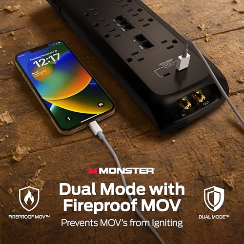 Monster Power Surge Protector w/ 4,050 Jules Rating — Heavy Duty Power Strips with Surge Protection, 8 Outlets, USB-A & USB-C, 2 Coax, 5 Ethernet Ports, Fireproof MOV, Dual Mode (6FT Cord, Black) - Thumbnail 4