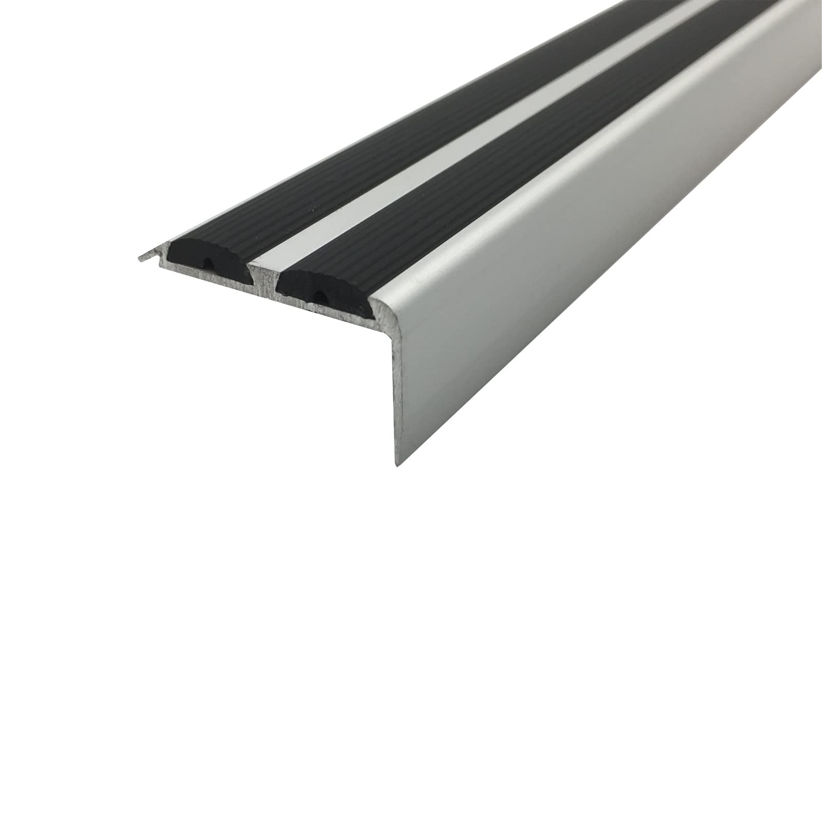 Cayrus Silver With Black Rubber A37 36 X 20Mm Anodised Aluminium Non Slip Rubber Stair Nosing Edge Trim With Inserts - 0.9M