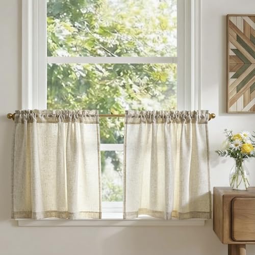 TOPICK Scheibengardinen modern Wohnzimmer Beige Bistrogardine 2er set...