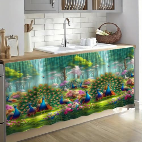 Image of Kitchen Curtains for Sink | Premium Printed Under-Sink Skirt for Kitchen Counter | Washable & Dustproof Rod Pocket Curtain | Home & Cooking Theme Decor (150cm x 70cm) (Forest)