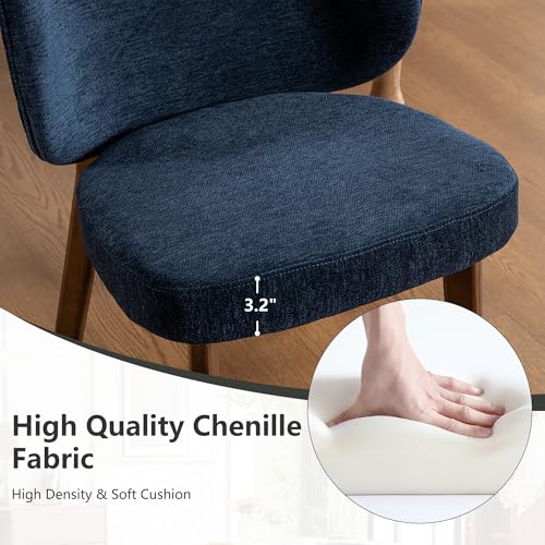 Image of YOUNIKE Dining Chairs Set of 2 Modern Kitchen Dining Room Chairs Navy Blue | Chenille Fabric Upholstered Armless Side Accent Chair with Back Wide Padded Seat Wooden Leg, Soft, Breathable, Comfortable