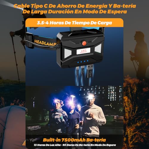 Miniatura 4 de 160000 Lux 11 Modos De Linterna Frontal Rojo Advertencia Y Sensor, 90 Horas Linterna Cabeza De 125 Ajustable Y Zoomable, Linterna Frontal Led Recargable Impermeable Ip44 Para Camping Caza Running