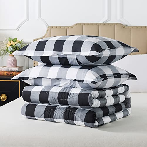 Image of Caressma Plaid Comforter Set Twin, Black White Checkered Boys Bedding Set | Classic Buffalo Gingham Print Soft Microfiber Comforter Bedset for Boys with Pillowcase