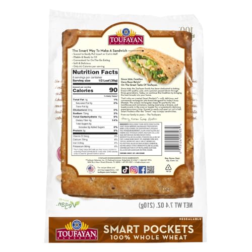 Image of Toufayan Whole Wheat Smart Pockets Pita Bread | Pre-Cut & Scored Sandwich Pockets | Freeze on Arrival (3 Packs, 18 Total)