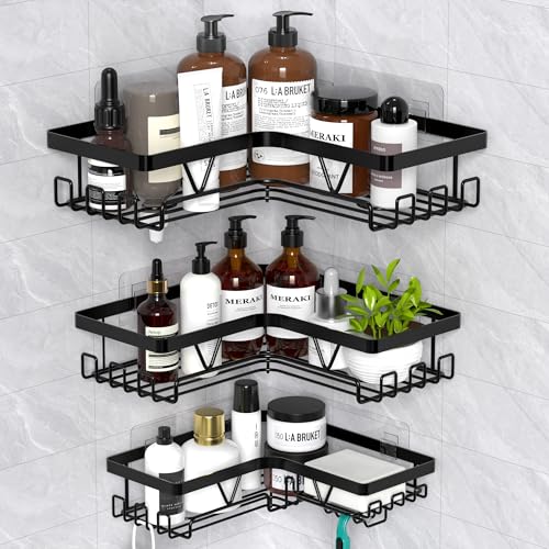 Kegii Estanteria Baño Esquinera - Estanteria Ducha sin Taladro, Organizador Baño Rinconera(Negro, Aacero Inoxidable, 3 Paquetes)