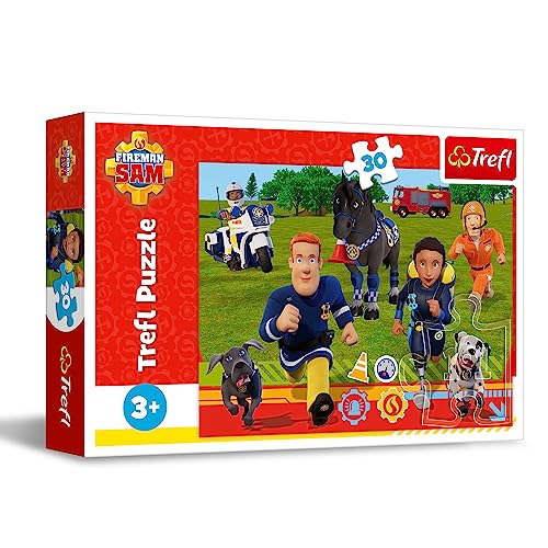 Trefl - Fireman Sam, pronto para ajudar - puzzle de 30 peças - puzzle de cores com personagens da série infantil, veículo de bombeiros, equipamento de salvamento, entretenimento criativo