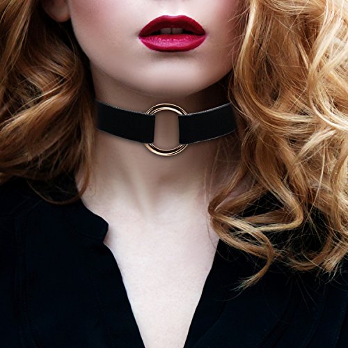 JewelryWe Schmuck Damen Choker Halskette mit O-Ring Anhänger Schwarz Stretch Samtleder Velvet Gothic Halsband Sexy Kette Handarbeit