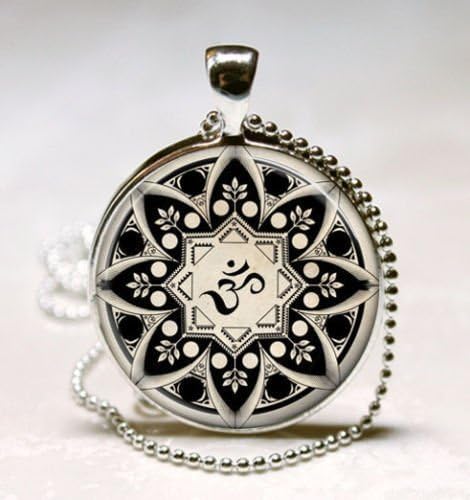 Yoga Jewelry, Om Necklace, Om Symbol, Buddhism, Zen, Meditation, Mandala Artglass Dome Art Pendant , Glass Bezel Art Photo