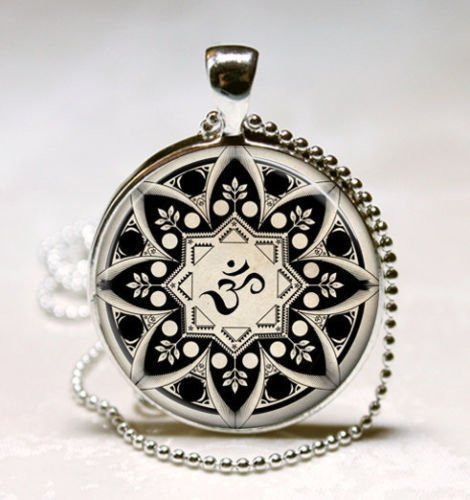 Yoga Jewelry, Om Necklace, Om Symbol, Buddhism, Zen, Meditation, Mandala Artglass Dome Art Pendant , Glass Bezel Art Photo