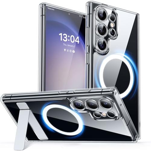 Image of CANSHN Strong Magnetic & Seamless Stand Designed for Samsung Galaxy S23 Ultra Case Clear [Full Camera Protection] [Adjustable Kickstand] [Compatible with MagSafe] Protective Phone Cover - Clear