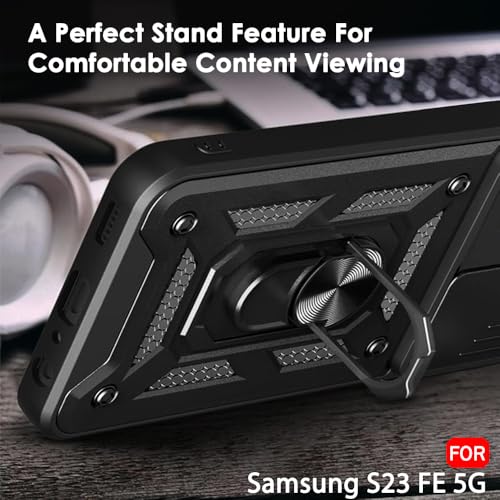 Image of TheGiftKart Tough Armor Bumper Back Cover Case for Samsung Galaxy S23 FE 5G | Sliding Camera Cover, Kickstand & Ring Holder | 360 Protection Back Cover for Samsung Galaxy S23 FE 5G (PC & TPU, Black)