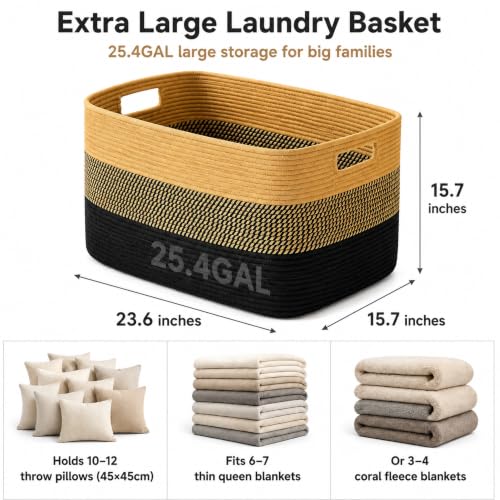 Image of 25.4GAL Collapsible Cotton Rope Extra Large Storage Basket For Bedroom Closet, Boho Rectangular Big Short Hamper Woven Storage Baskets for Living Room Throw Pillows Blankets Dirty Clothes,Khaki Black