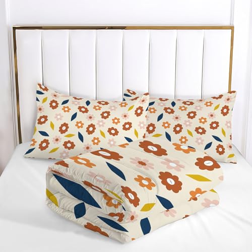 Couette légère d'été 140x200 cm beige avec taies d'oreiller imprimées fleurs