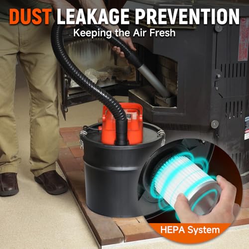 Hoteche 18L Aschesauger 800W - Kaminstaubsauger mit HEPA-Filter, 16KPA Saugkraft, 1,3m Schlauch & Aluminiumrohr für Kamin/Pelletöfen