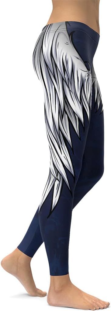 FIERCEPULSE Angel Wings Signature Leggings for Women – Mid Waisted, Stretchy Pants Printed Leggings for Workout & Exercise