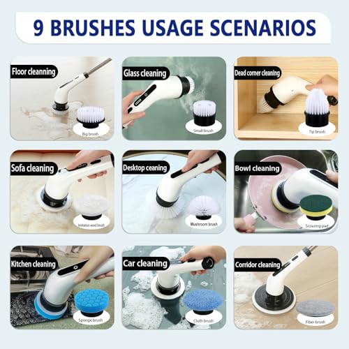 Image of 2025Upgraded Electric Spin Scrubber, IPX7 Bathroom Scrubber with 9 Replaceable Brush Heads & Retractable Handle, 2-Speed Adjustable Spin Scrubber for Bathroom, Bathtub, Kitchen, Tile Floors