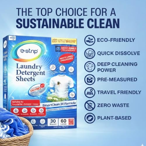 Image of eStrip SmartClean 3X Laundry Detergent Sheets - 30 Sheets, Ultra-Concentrated Eco-Friendly,Dissolves Instantly, Liquid & Pod Alternative, Works for Front & Top Load & Hand Wash, Tough Stain Removal
