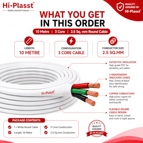 Image of Hi-Plasst 10 metre 2.5 Sq.mm 3 Core Round Cable Wire | Flexible Copper Electrical Cable with PVC Insulation | AC, Geyser, Washing Machine, Water Pump & Home Wiring