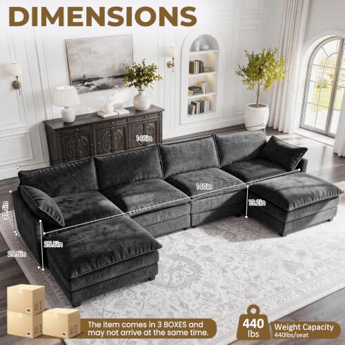 Image of 146 inch U-Shape Modular Sofa with 2 Ottomans, Deep Seat Cloud Convertible Sleeper, 2 Arm Pillows, Comfortable Large Upholstered Furniture for Living Room Apartment, Black