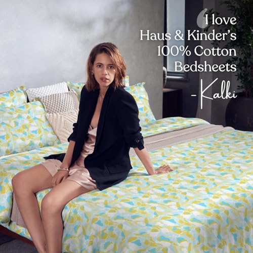 Image of haus & kinder Double Bedsheet for Queen Size Bed | 90 x 100 Inches 186 TC Cotton Bedsheet for Double Bed with 2 Pillow Covers - Summer Mirage
