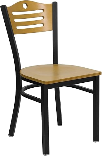 HERCULES Serie - Silla de metal con respaldo de pizarra negra para restaurante, respaldo y asiento de madera natural