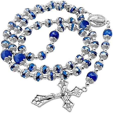 Nazareth Store Deep Blue Crystal Beads Rosary Necklace Catholic Prayer Jerusalem Holy Soil Medal