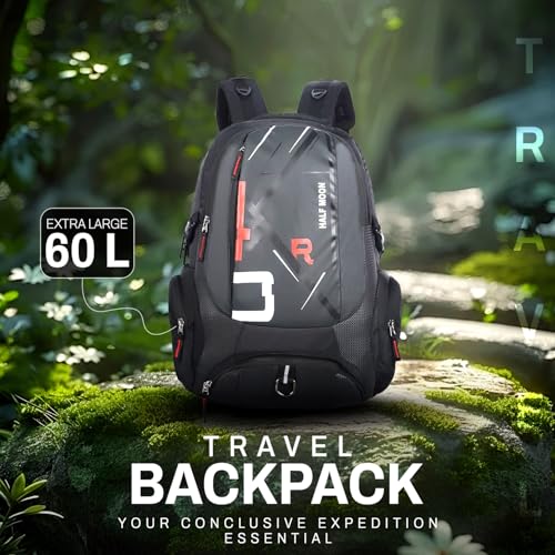 Image of Half Moon Extra Large 60L Rucksack Travel Backpack Bag for Man Waterproof Trekking Bag for Men with Rain Cover & 17-Inch Laptop Luggage Bags for Mens Hiking & Tourist Bag for Men (Black & Red)