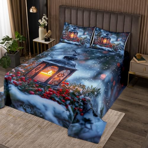 Manfei Christmas Kids Bedspread Twin Size, Holly Branches Xmas Coverlet Set for Boys Girls Room Decor, Western New Year Quilted Coverlet with 1 Pillowcase, Soft Polyester Bedding Quilt